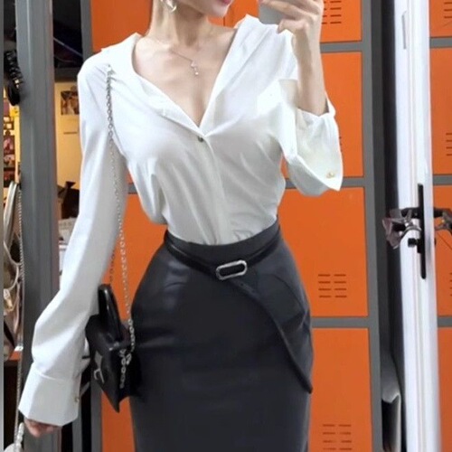 Women's Spring Fashion Casual High-End V-Neck Long Sleeve Shirt Commute White, Stylish and Versatile Half Body Dress, Plus-Size Mature Woman Set