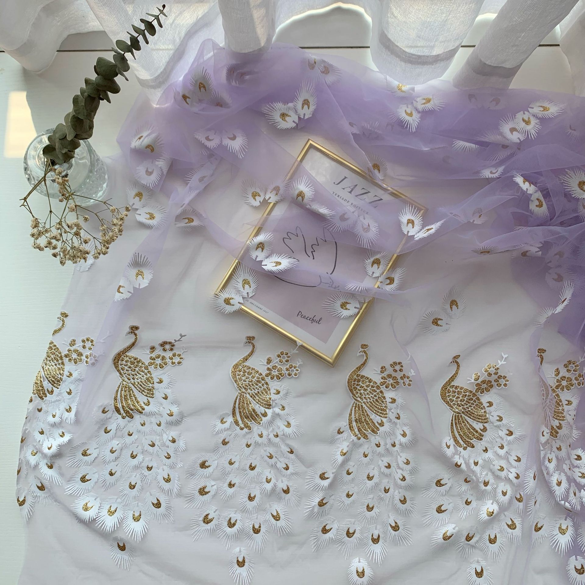 Colocación bilateral pegamento polvo de impresión bronceado malla Flor del Pavo Real capa hilo ropa para niños Hanfu Lolita tela suministro directo