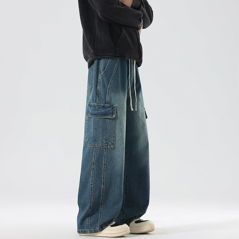 Jeans da lavoro da uomo LKTM stile americano con multitasche e patchwork, vestibilità ampia, coulisse, gamba dritta, vita media, cotone, nero, blu_voghion.com
