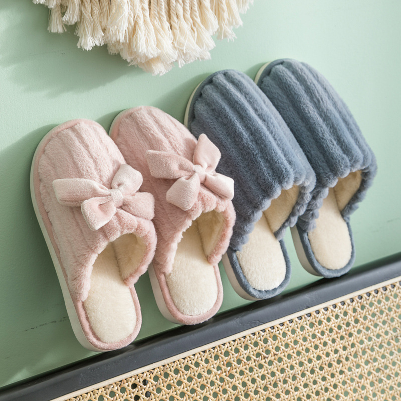 Imitation Rabbit Fur Winter Bow Cotton Slippers Women's Home Thick Bottom Couple's Home Non-Slip Warm Mao Mao Slippers for Men