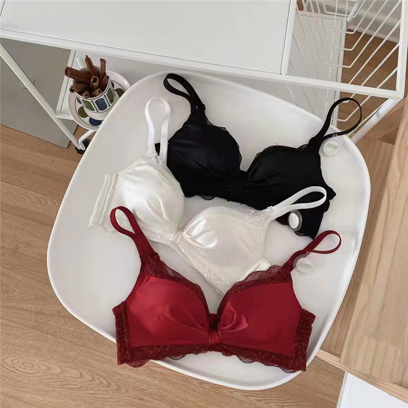 New product without steel ring sexy lace girl underwear gathering adjustment silk bow bra set_voghion.com