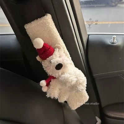 Belt Shoulder Patch Cute Girl: Seat belt shoulder pad - red-hat-red-scarf-west-highland-1-white-plush-shoulder-pad