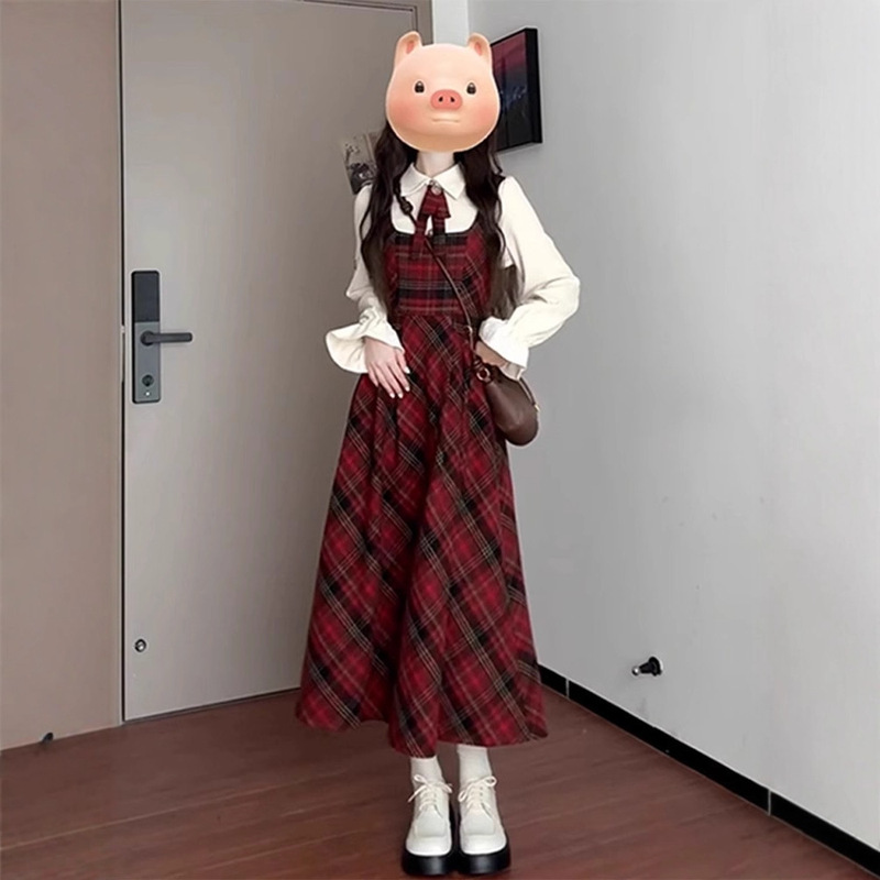 New Year's Shirt Red Suspender Dress Women's Autumn and Winter 2025 New High-End Wear Suit Long Skirt New Year's Shirt Red Suspender Dress Women's Autumn and Winter 2025 New High-End Wear Suit Long Skirt