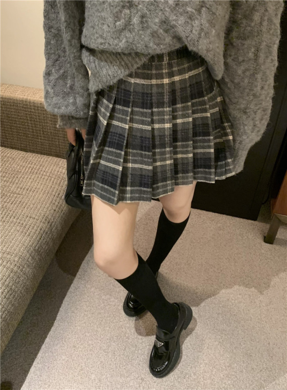 复古格纹毛呢半身裙女大码春秋呢子百褶裙胖mm遮肚防走光a字短裙|undefined