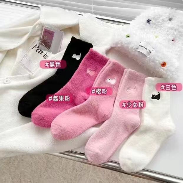 秋冬加厚加绒保暖中筒袜秋冬款女卡通刺绣可爱猫咪防寒居家月子袜|undefined