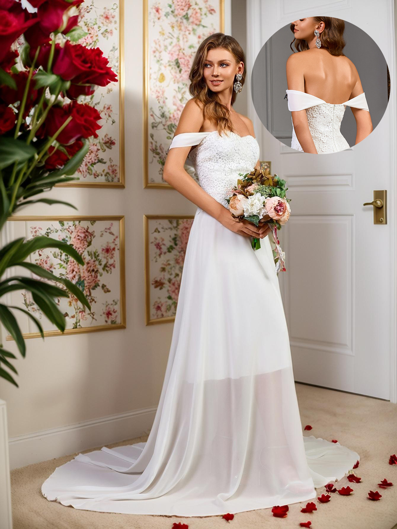 2025 verano nuevo vestido de comercio exterior wish amazon doble hombro encaje chiffon empalme vestido de novia
