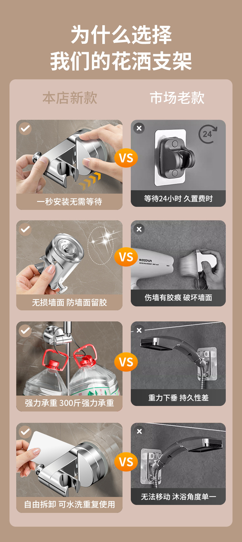 Cross-border showerhead base bracket, bathroom no-drilling adjustable suction cup, mobile hook showerhead, rotating suction cup Application Scenario