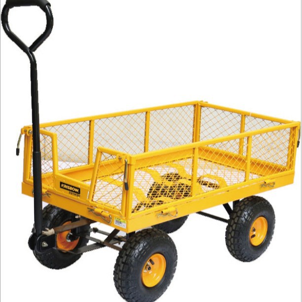 Carro de jardín de cuatro ruedas práctico de acero desmontable lateral para remolque al aire libre para herramientas de jardín pesadas