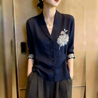 2026年夏季新品女装藏蓝色上衣系带印花修身显瘦百搭舒适中式短袖