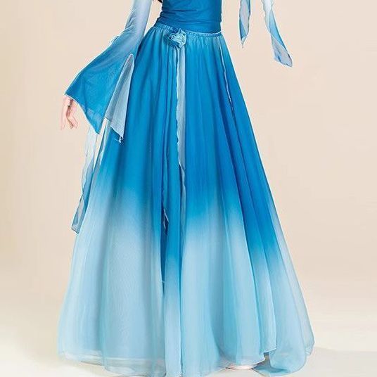 原创古典舞蹈服渐变花朵纱衣飘逸大摆裙中国舞练功服演出服 超仙|undefined