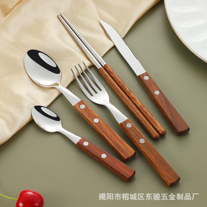 メーカー卸売り304ステンレスナイフフォークスプーン日本式花梨木柄西食器セットステーキナイフフォーク木箸|undefined
