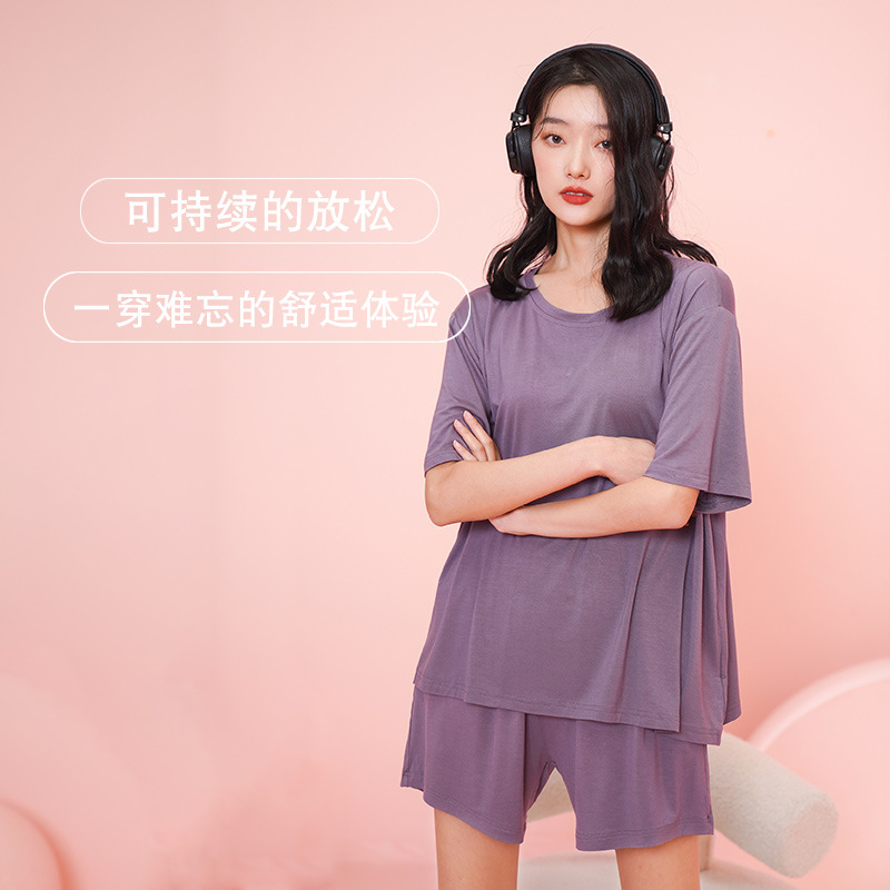 Pijama modal pantalones cortos de manga corta de verano de las mujeres con almohadilla en el pecho fresco delgado más tamaño verano homewear al aire libre