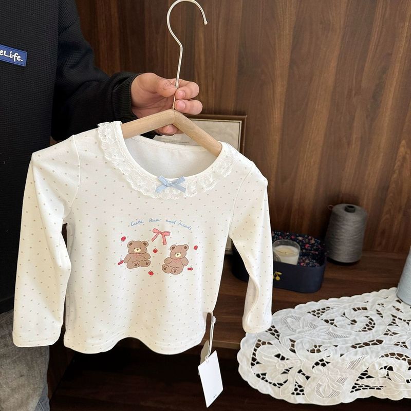 2025春秋新款女宝宝可爱波点长袖蕾丝边女童超软针织棉T恤打底衫|undefined
