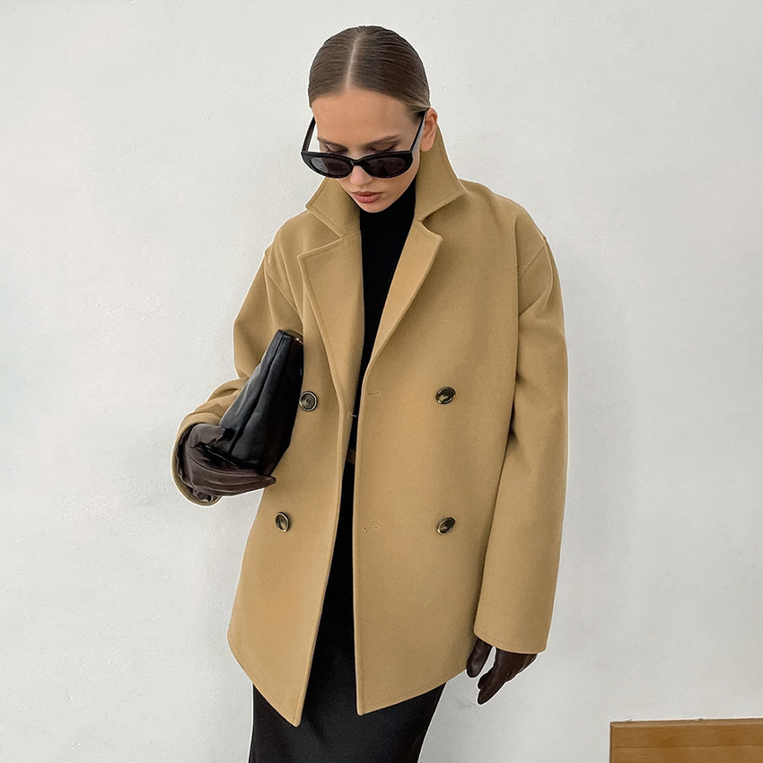 Dameskleding herfst en winter temperament wollen jas halflange losse verdikte bruine dubbele rij knopen wollen jas forensenkleding voor dames_voghion.com