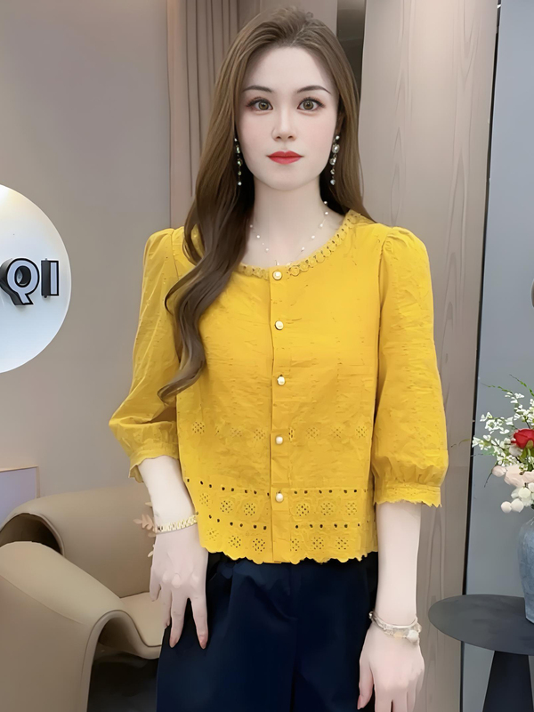 甜美时尚长袖衬衫女洋气七分袖镂空上衣早秋爆款休闲宽松拼接衬衣|undefined