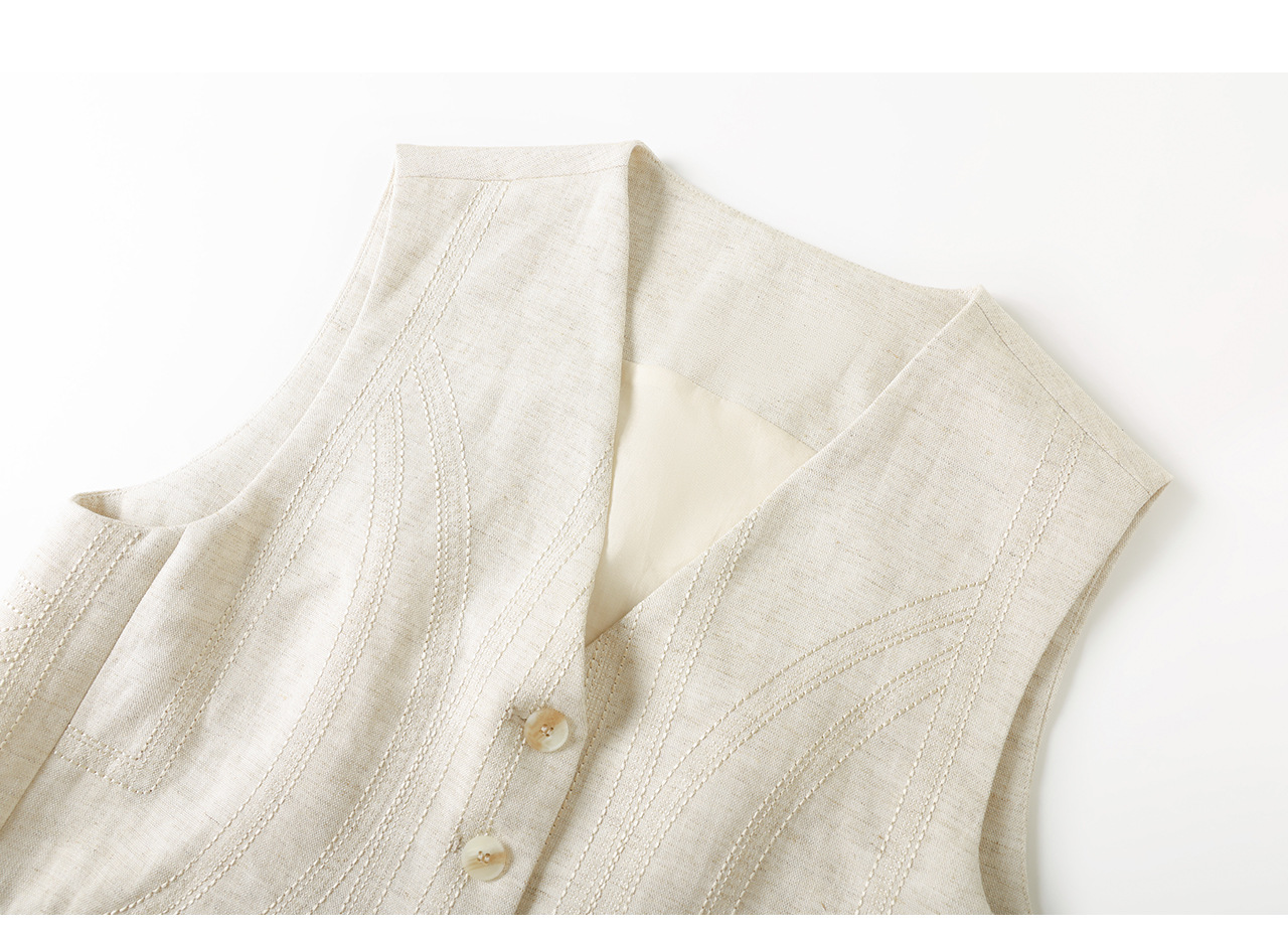 Áo khoác gile không tay cổ chữ V phối lớp phong cách cổ điển chất liệu vải lanh pha sợi Tencel — Màu cà phê chi tiết 28