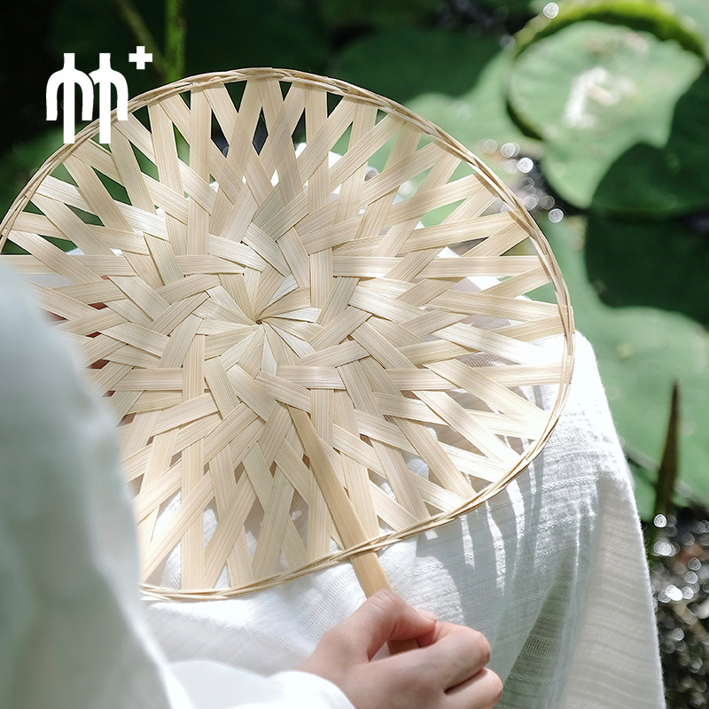 A5L竹加竹編扇子女家用古風團扇藍色可愛蒲扇竹扇納涼扇風工藝扇