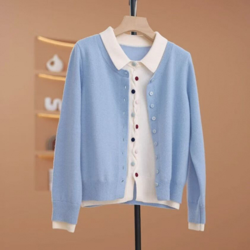 2025 primavera y otoño nuevas damas falsas dos piezas de camisa de punto cardigan de color botón solapa interior con suéter suelto
