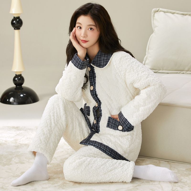 Winter Women's Mink Fur Three-Layer Quilted Fleece-Lined Thickeneded Warm, Sweet and Cute Home Wear Set That Can Be Worn Outside