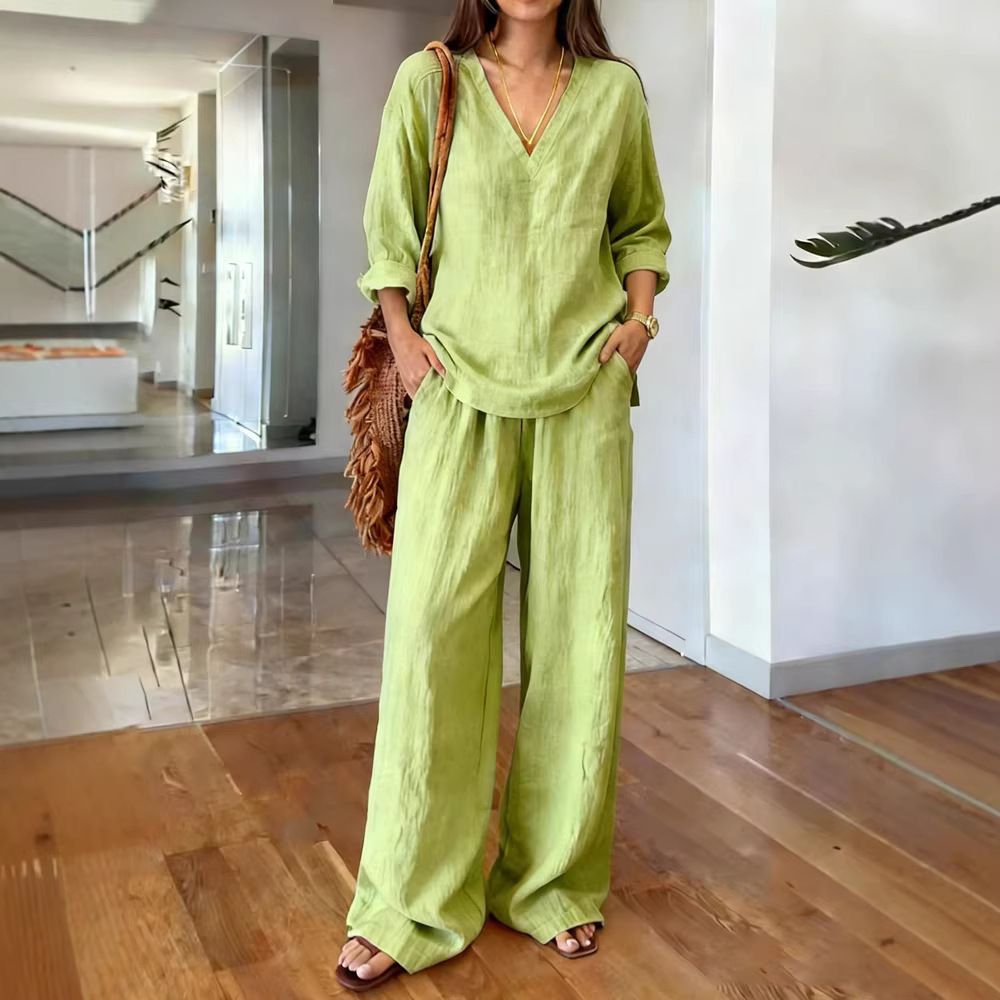 Damen-Loungewear-Set aus gewaschener Baumwolle, bestehend aus einem langärmeligen Oberteil mit V-Ausschnitt und einer bequemen Hose, weiches, lässiges Zweiteiler-Outfit_voghion.com