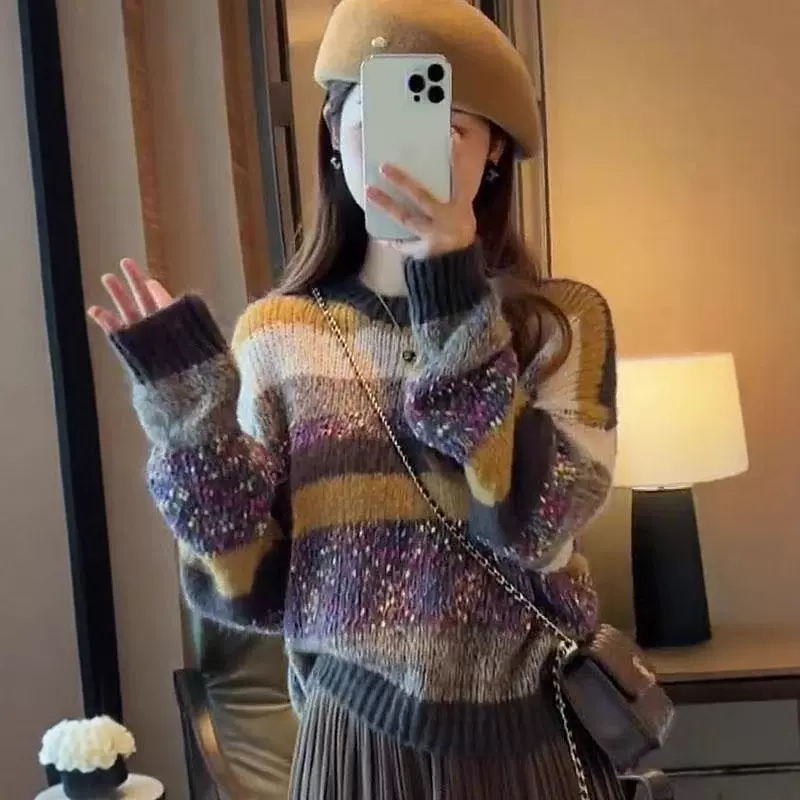 彩虹色条纹减龄毛衣女套头2025秋冬季新款撞色软糯慵懒宽松针织衫