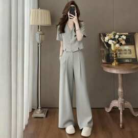 小个子西服套装女夏季法式高级感时尚短袖开衫上衣阔腿长裤两件套