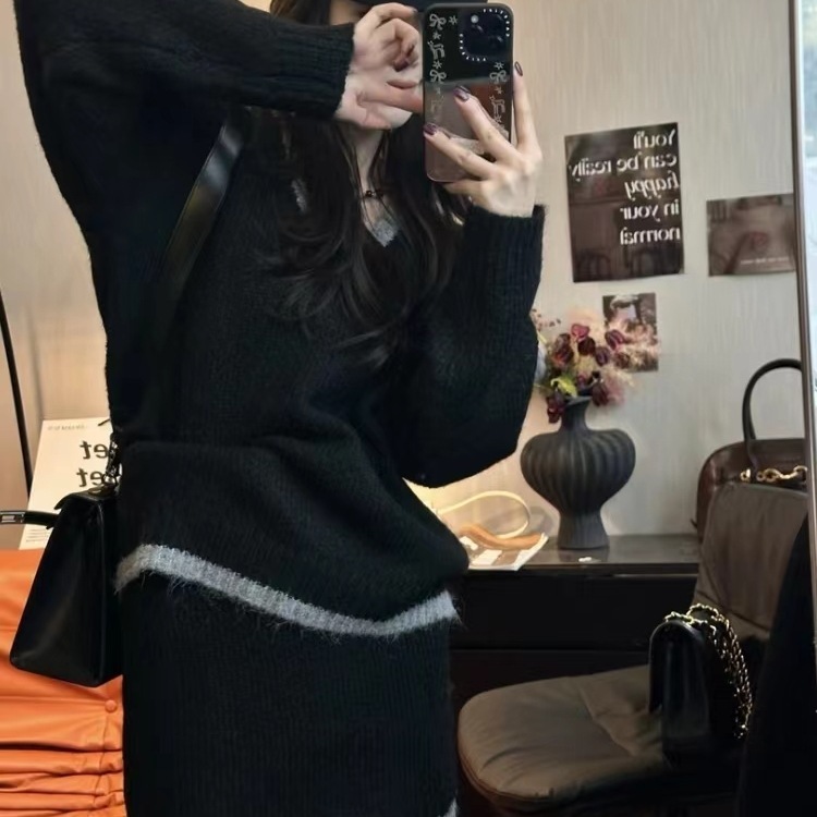韩系复古套装女2025秋冬季新款针织衫咖色毛衣搭配小众半身短裙子|undefined