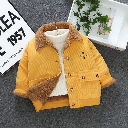 Boy's Corduroy Jacket  New Trendy Baby Thick Collarless Coat Winter Warm Fleece Top Children's Cotton Jacket