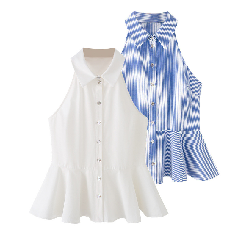 Pb&Za Cross-Border Foreign Trade Women's Clothing Single-Breasted Sleeveless Halter Neck A-Line Hem Shirt Top 1165133