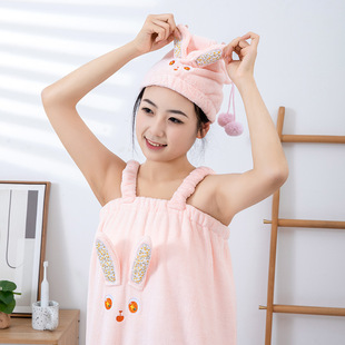 Cute rabbit ears coral velvet rabbit bath skirt closed toe hair drying cap absorbent soft wearable sling household bath towel