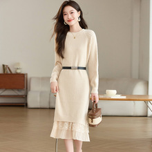 2024新款女秋冬漂亮过膝打底毛衣裙假两件蕾丝拼接羊毛针织连衣裙