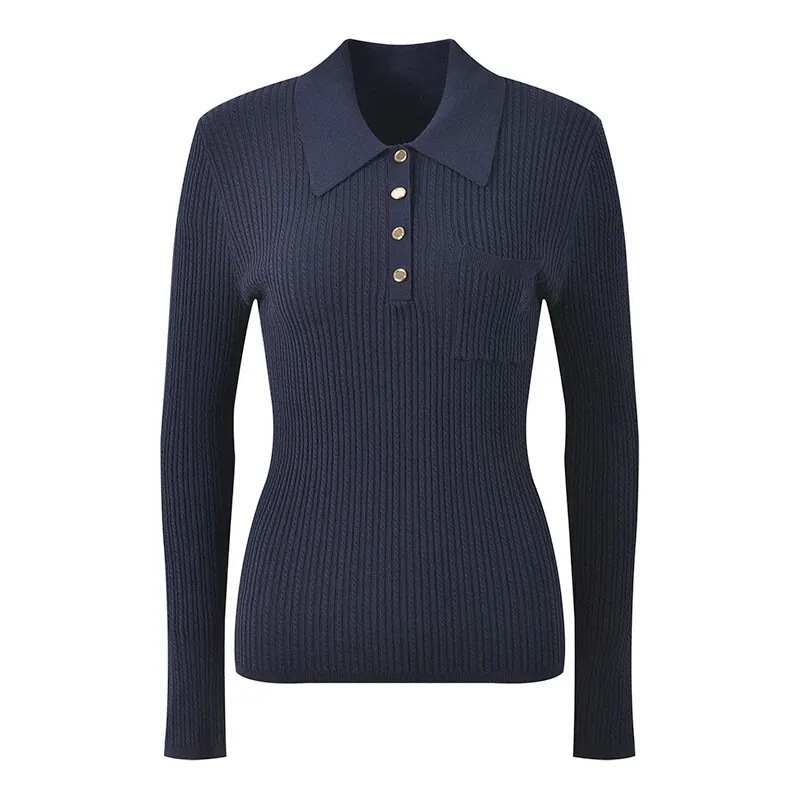 S Brand 2026 Autumn New Niche Simple Fashion Ribbed Slim-Fit Polo Collar Pocket Knit Sweater Top for Women