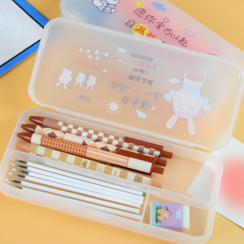 Creativo transparente color impresión papelería caja de dibujos animados estudiante de gran capacidad lápiz caso escritorio papelería caja de almacenamiento lindo lápiz