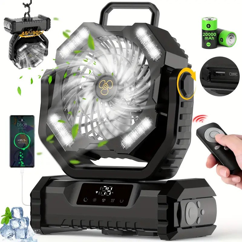 Cross-Border Outdoor Camping Fan USB Rechargeable Large Capacity Automatic Oscillating Digital Display Desktop Camp Tent Fan Light