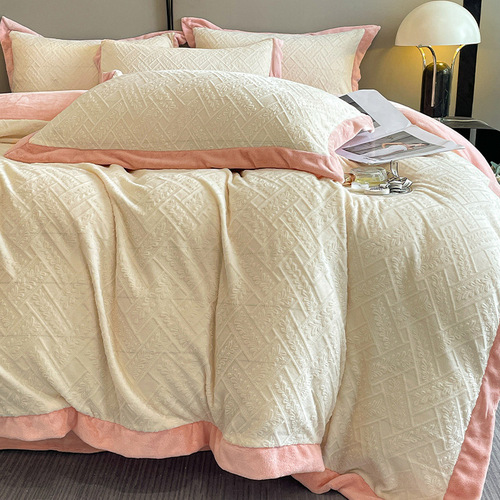 Category A 8 pounds plus thick winter milk velvet four-piece set high weight carved double-sided velvet bed sheet quilt cover Nantong bedding