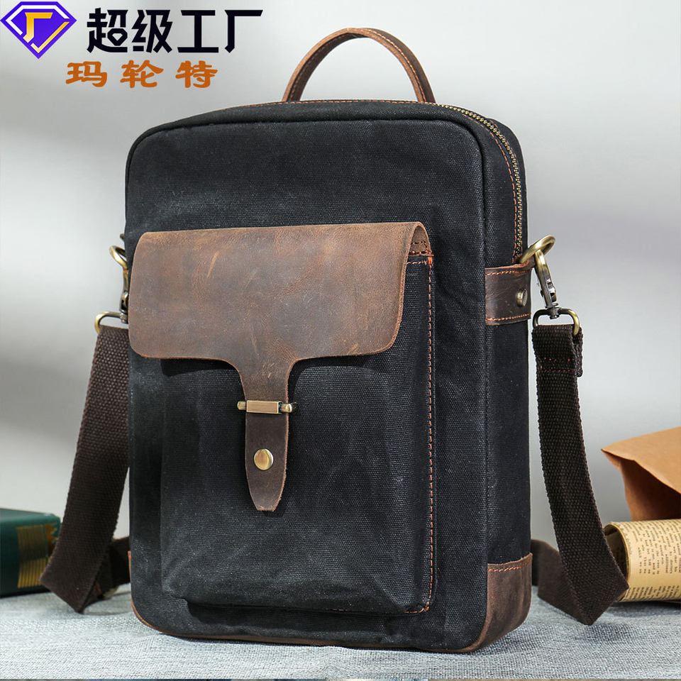 Túi đeo chéo nam da bò phối vải canvas kiểu dọc — Màu vải Kaki đậm, Màu xanh lam nhạt, Màu xanh quân đội, Màu đen