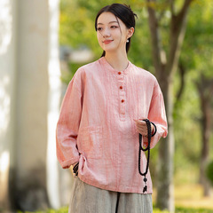 25 秋の新綿とリネンの女性の中国のレトロなスタンドカラータイダイトップ女性のカラーブロックボタン長袖 Tシャツシャツ
