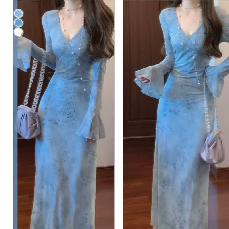 2025 Early Autumn New Chinese Style Super Fairy Tie-Dye V-Neck Dress Feminine Age-Reducing Slightly Fat mm Slimming Look Long Skirt 2025 Early Autumn New Chinese Style Super Fairy Tie-Dye V-Neck Dress Feminine Age-Reducing Slightly Fat mm Slimming Look Long Skirt