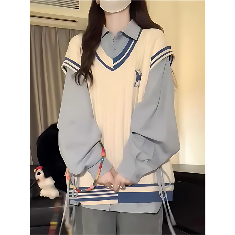 学院风领马甲背心女春秋新款学生条纹外搭系带衬衫叠穿两件套