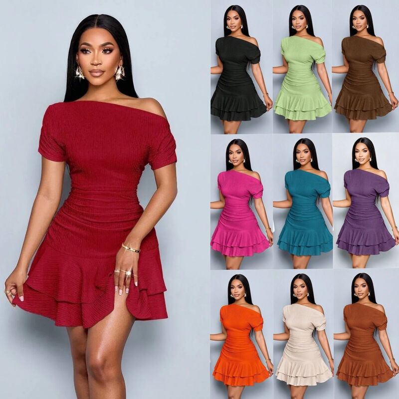Cross-Border Foreign Trade New Dress Amazon's Hot-Selling Summer Women's Clothing Solid Color One-Shoulder Slim Fit Ruffle Dress