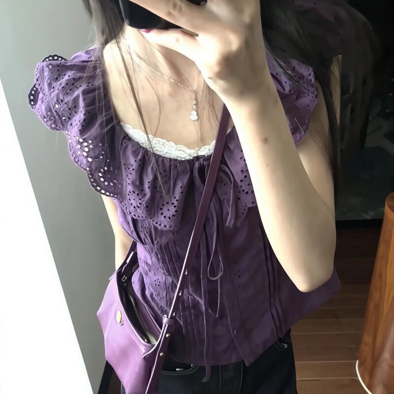 French-Style Ruffled Short-Sleeve Shirt for Women, New Summer Purple Blouse with a Vintage Slim-Fit Design, Trendy Top French-Style Ruffled Short-Sleeve Shirt for Women, New Summer Purple Blouse with a Vintage Slim-Fit Design, Trendy Top