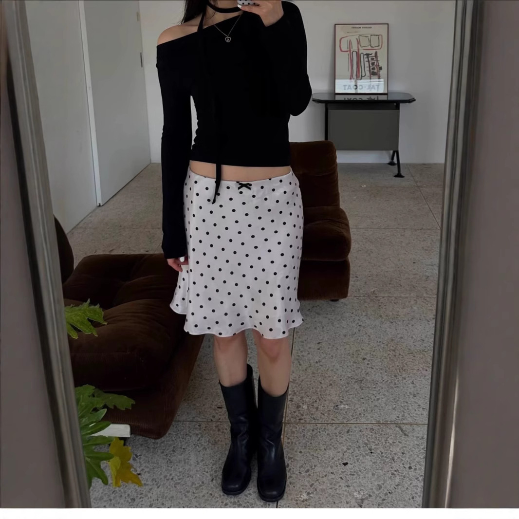 Miu Series Triacetate Polka Dot Skirt Korean Style Satin Polka Dot Elastic Waist Bias-Cut A-Line Skirt Women's Fishtail Skirt