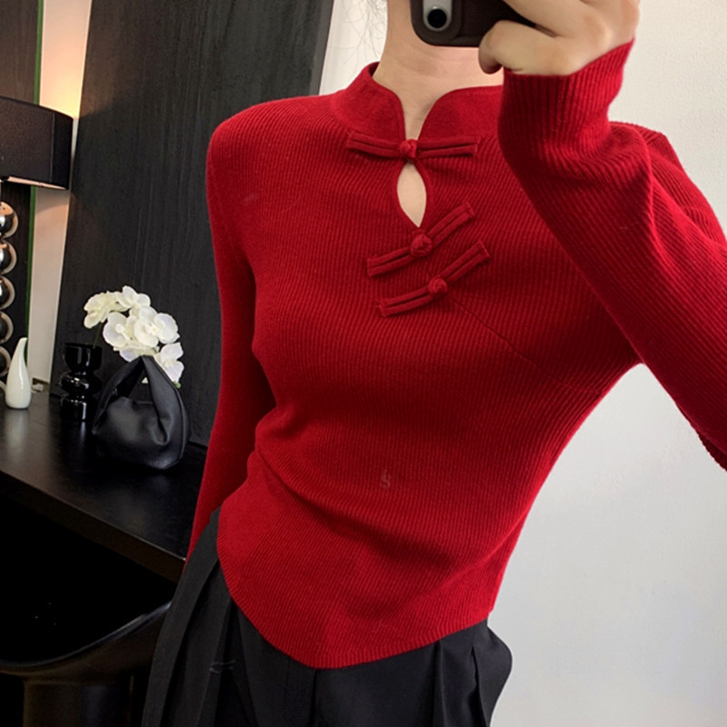 New Year's Eve Christmas Dress Short Knitted Shirt Slim Inner Sweater Long Sleeve 2025 Women's New Top Chinese Style Collar