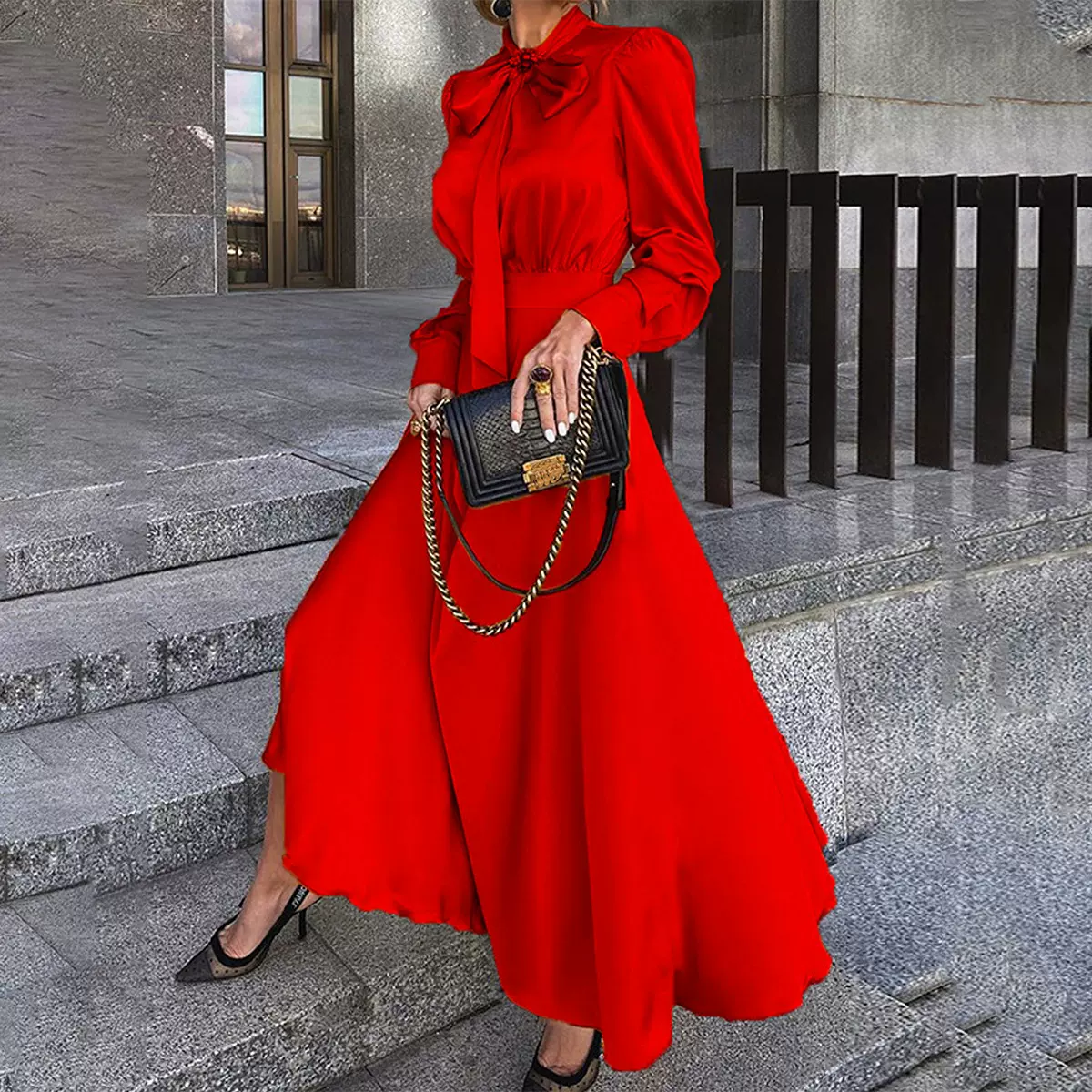 2024欧美跨境女士时尚红色蝴蝶结连衣裙新娘妈妈装伴娘服