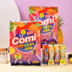 レインボーキャンディの芯にはさまざまな味が隠されており、COMI総合フルーツ味ロリポップのファンタスティックな味わいの旅