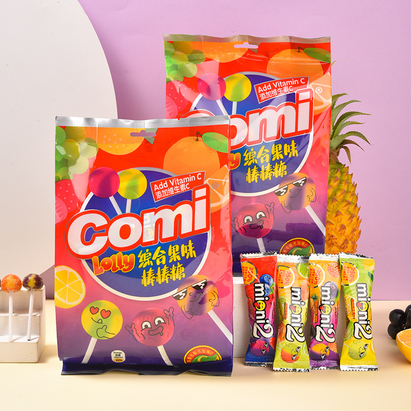 レインボーキャンディの芯にはさまざまな味が隠されており、COMI総合フルーツ味ロリポップのファンタスティックな味わいの旅|undefined