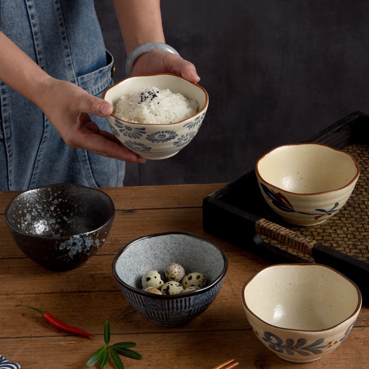 日式陶瓷饭碗5英寸4.5英寸汤碗青海波泡复古碗汤碗家用碗酒店批发