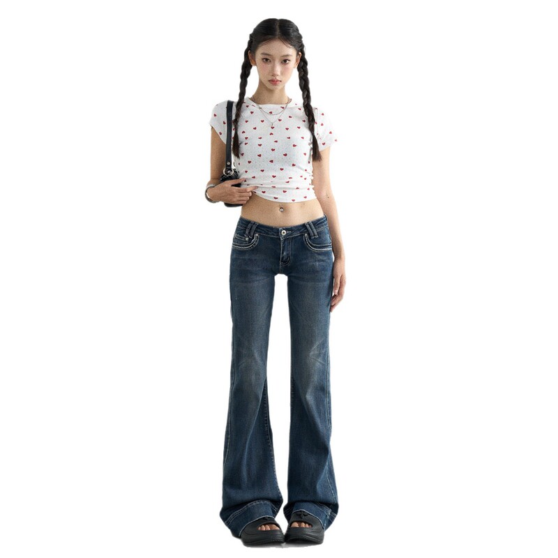 美式牛仔裤女2025春秋新款复古水洗蓝拖地辣妹弹力低腰微喇长裤子|undefined