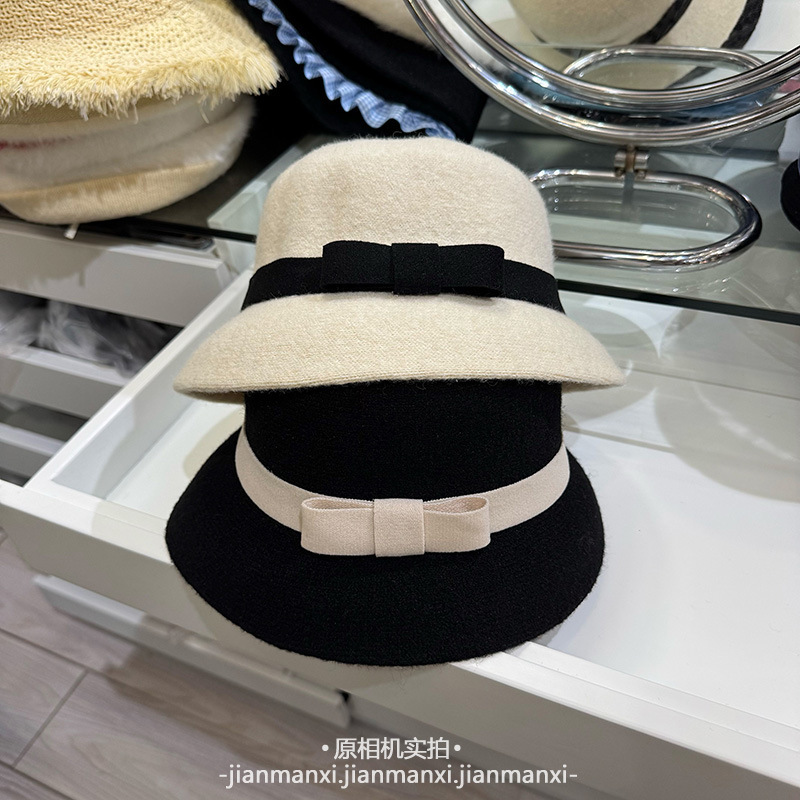 经典黑白色千金蝴蝶结渔夫帽女春秋冬羊毛呢赫本风名媛优雅礼帽|undefined