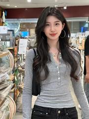 美式辣妹亨利衫灰色长袖t恤女秋冬内搭打底衫修身显瘦高级感上衣